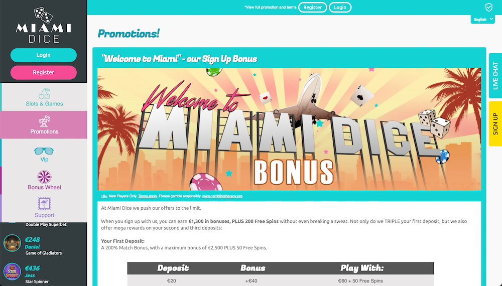 Miami Dice casino no deposit bonus